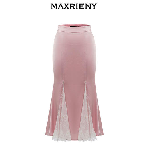 MAXRIENY浪漫优雅感樱花粉蕾丝拼接鱼尾缎面半裙(货号:MC88SK259) 商品图4