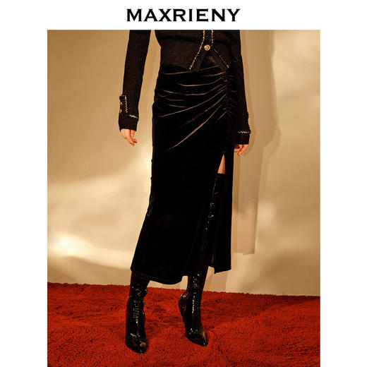 MAXRIENY*复古感开叉丝绒半裙鱼尾抽褶包臀裙子(货号:MC88SK832) 商品图2