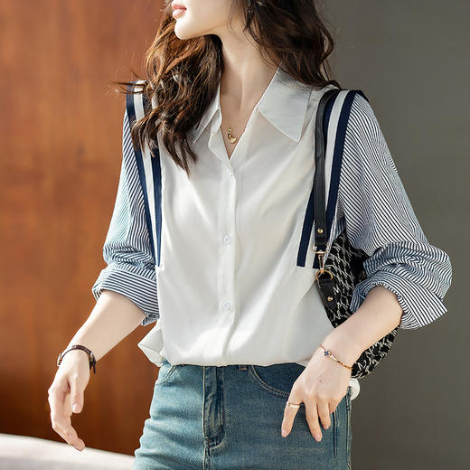 设计感拼接条纹衬衫，休闲百搭上衣气质衬衣CC- XFY2137 商品图3