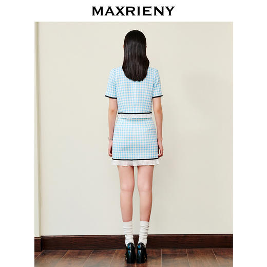 MAXRIENY蓝白格纹撞边千金小香风半裙不对称小裙子(货号:MS88SK252) 商品图3