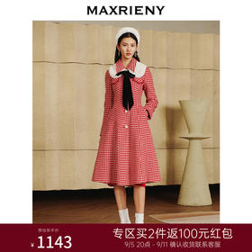 MAXRIENY红白格纹大衣蝴蝶结毛翻领风衣毛呢外套(货号:MC87CT783)