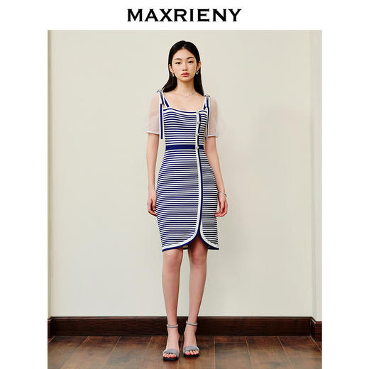 MAXRIENY海军风条纹连衣裙新款修身泡泡袖针织裙子(货号:MS88DR259) 商品图3
