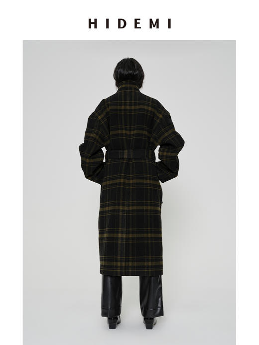 HIDEMI 【赵露思同款】极简大廓形色织格纹羊毛翻领可拆卸腰带式落肩宽松长款厚款大衣 商品图8