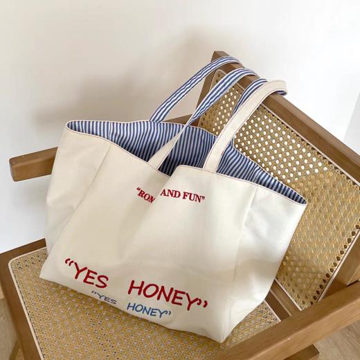 【双面背刺绣包】大容量托特包正反条纹单肩包 刺绣质感学生旅行帆布通勤包 商品图2