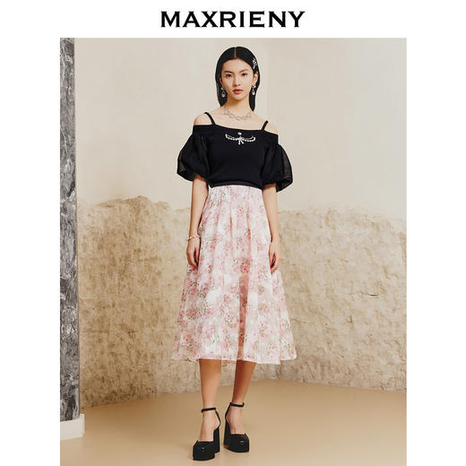 MAXRIENY黑色一字肩泡泡袖针织衫冷淡系高级感上衣(货号:MC88SW068) 商品图1