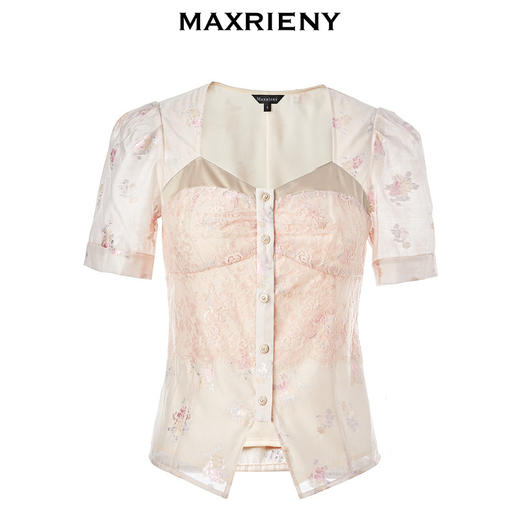 MAXRIENY浪漫复古感粉色提花收腰上衣春(货号:MC88TP088) 商品图4