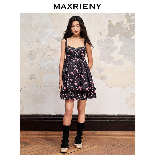 MAXRIENY辣妹风黑底粉花吊带连衣裙(货号:MC88DR549) 商品图1