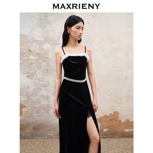 MAXRIENY法式浪漫吊带丝绒连衣裙开衩长裙外搭套装(货号:MS88DR505) 商品图2