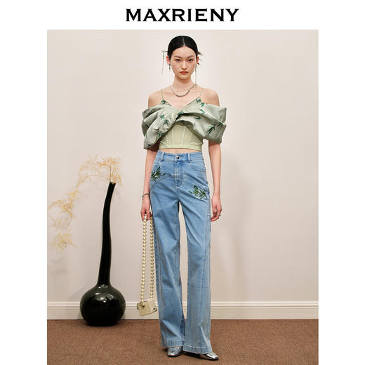 MAXRIENY竹叶提花高腰直筒休闲牛仔裤女(货号:MC88PA504) 商品图1
