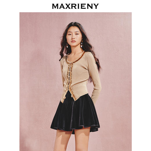【早鸟款】MAXRIENY复古宫廷风金亮片珠圆领毛织上衣女修身显瘦(货号:MC85SW532) 商品图2