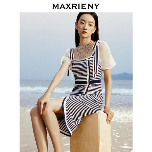 MAXRIENY海军风条纹连衣裙新款修身泡泡袖针织裙子(货号:MS88DR259) 商品图2