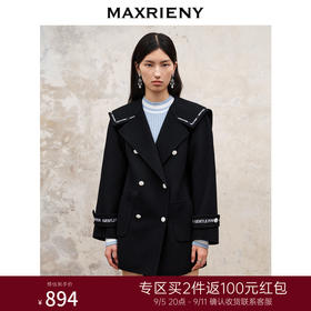 MAXRIENY军旅风黑色复古大翻领大衣双面呢羊毛外套(货号:MS88CT521)