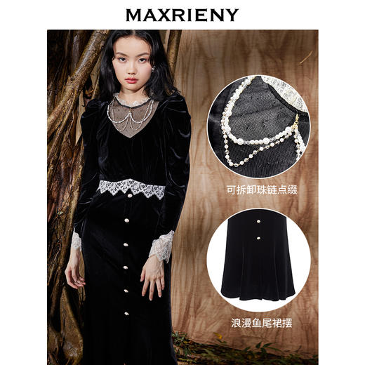 MAXRIENY丝绒连衣裙法式蕾丝裙泡泡袖赫本风长裙(货号:MS87DR514) 商品图1