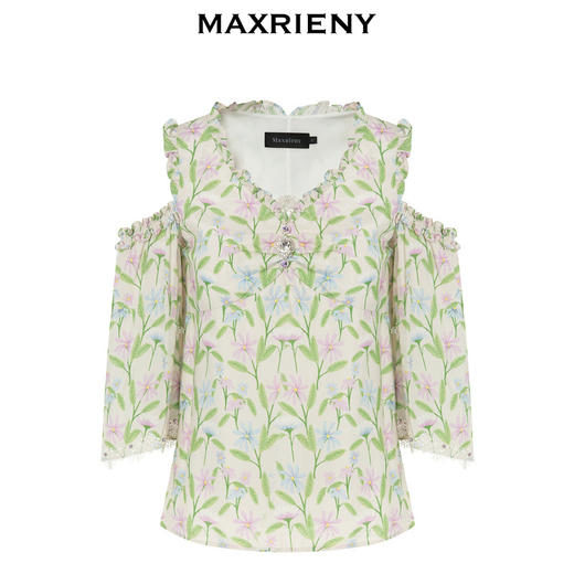 MAXRIENY薄荷曼波风喇叭袖雪纺衫田园风印花上衣(货号:MC88TP351) 商品图4