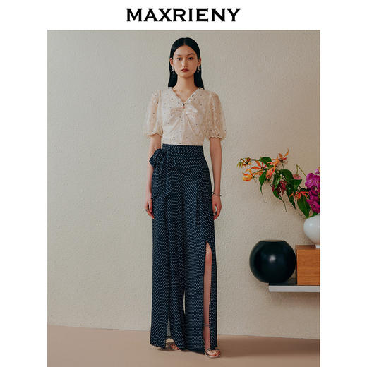 MAXRIENY复古赫本风波点高腰开叉阔腿裤廓形西装裤(货号:MC88PA295) 商品图1