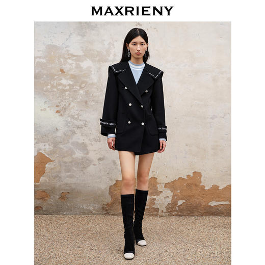 MAXRIENY军旅风黑色复古大翻领大衣双面呢羊毛外套(货号:MS88CT521) 商品图1