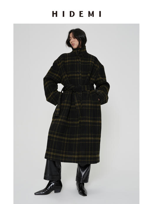 HIDEMI 【赵露思同款】极简大廓形色织格纹羊毛翻领可拆卸腰带式落肩宽松长款厚款大衣 商品图6