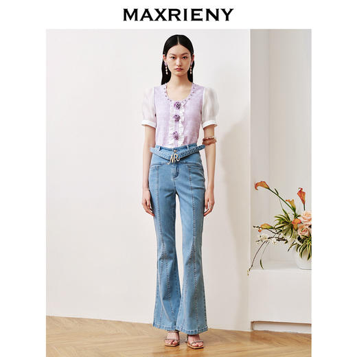 MAXRIENY提花欧根纱泡泡袖套头针织温柔浪漫上衣(货号:MC88SW532) 商品图1