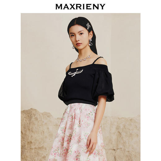 MAXRIENY黑色一字肩泡泡袖针织衫冷淡系高级感上衣(货号:MC88SW068) 商品图2