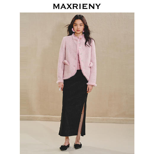 MAXRIENY贵雅浪漫感花纱外套水貂毛边2024秋冬新款上衣女(货号:MS85JA512) 商品图1