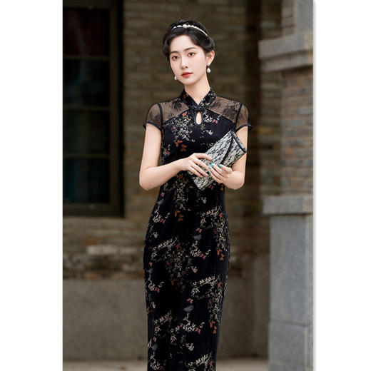 中国风黑色蕾丝丝绒，拼接长款旗袍GX-262674 商品图0