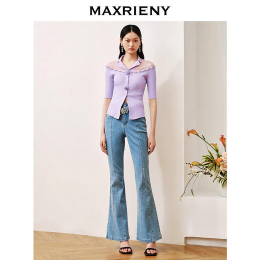 MAXRIENY淡紫欧根纱拼接v领套头针织衫温柔浪漫上衣(货号:MC88SW505) 商品图1