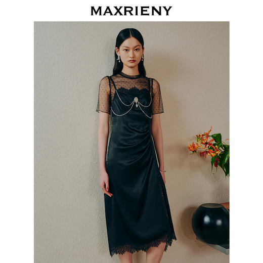 MAXRIENY鎏金复古赫本风蕾丝连衣裙缎面开叉小黑裙(货号:MC88DR343) 商品图1