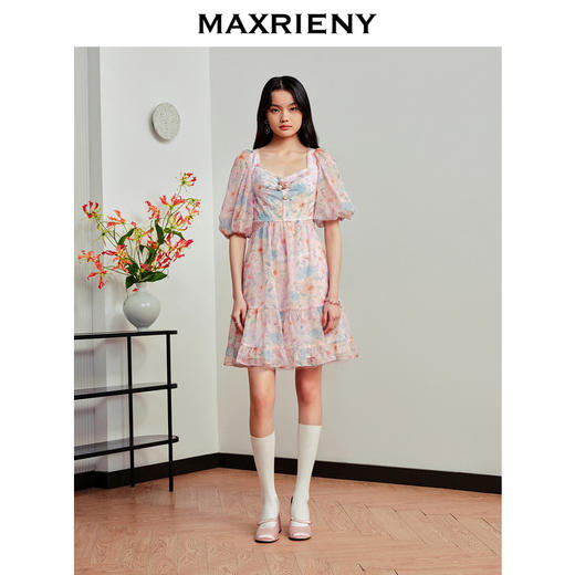MAXRIENY日落橙花连衣裙仙美雪纺裙泡泡袖连衣裙(货号:MS88DR348) 商品图1