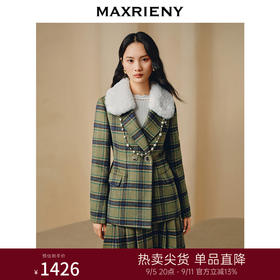 MAXRIENY宫廷复古风收腰格纹毛领外套2023冬季新款(货号:MC88JA836)