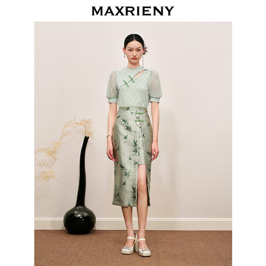 MAXRIENY新中式格纹镂空套头针织上衣薄荷曼波风(货号:MC88SW503) 商品图1