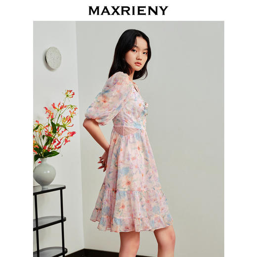 MAXRIENY日落橙花连衣裙仙美雪纺裙泡泡袖连衣裙(货号:MS88DR348) 商品图2