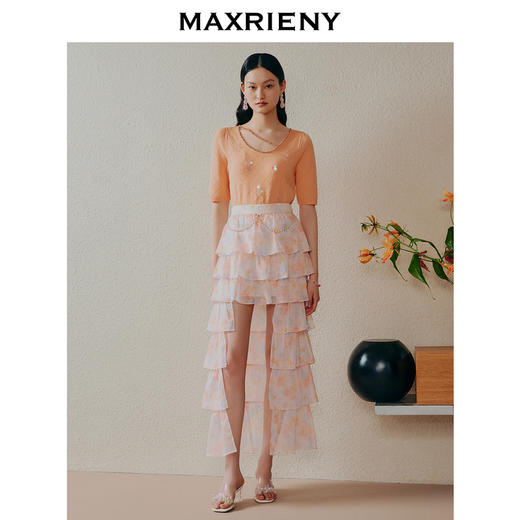 MAXRIENY仙美小众设计感半身裙浪漫渐变橙收腰塔裙(货号:MC88SK304) 商品图1
