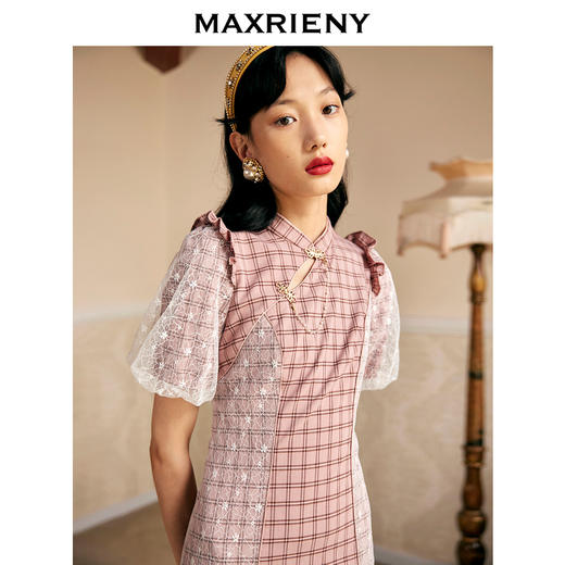 MAXRIENY国风旗袍短裙秋泡泡袖格子连衣裙设计感(货号:MC87DR570) 商品图3