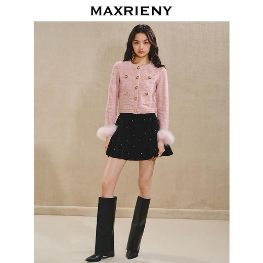 MAXRIENY贵雅浪漫风针织外套2024秋冬新款羽毛装饰格子上衣女(货号:MS85JA511) 商品图1