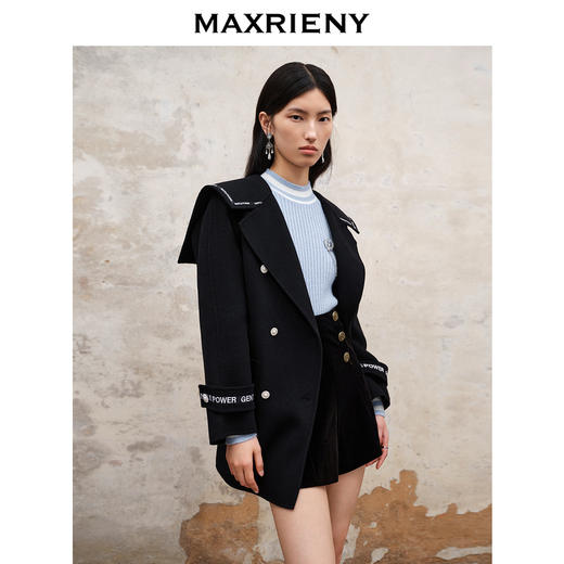 MAXRIENY军旅风黑色复古大翻领大衣双面呢羊毛外套(货号:MS88CT521) 商品图2