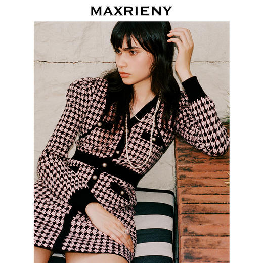 MAXRIENY名媛千金小香连衣裙千鸟格复古针织裙(货号:MS88DR548) 商品图1