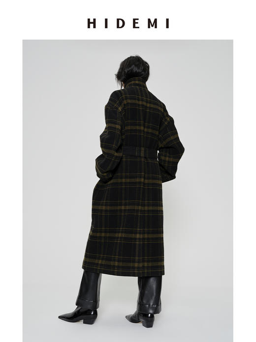 HIDEMI 【赵露思同款】极简大廓形色织格纹羊毛翻领可拆卸腰带式落肩宽松长款厚款大衣 商品图7