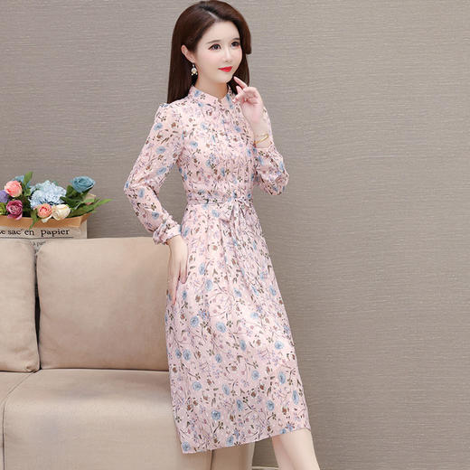 系带收腰印花连衣裙，百褶裙中长款长袖优雅A字裙QYM-HL-24A6618-Y 商品图1