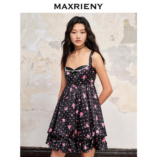 MAXRIENY辣妹风黑底粉花吊带连衣裙(货号:MC88DR549) 商品图2