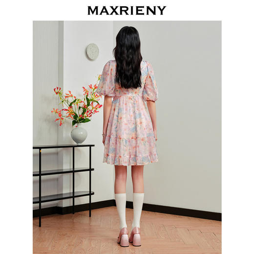 MAXRIENY日落橙花连衣裙仙美雪纺裙泡泡袖连衣裙(货号:MS88DR348) 商品图3