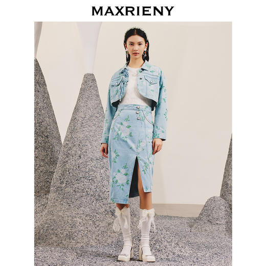 MAXRIENY轻复古春日提花高腰牛仔开衩半裙春款(货号:MC88SK077) 商品图1
