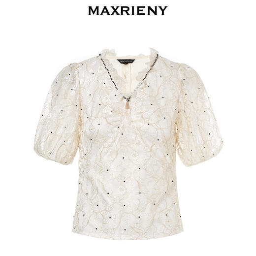 MAXRIENY复古赫本风蕾丝v领泡泡袖雪纺衫短袖上衣(货号:MC88TP349) 商品图4