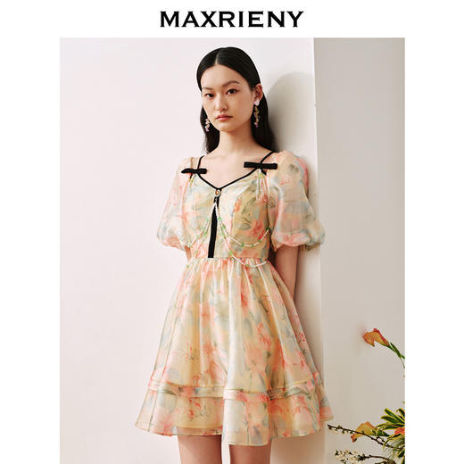 MAXRIENY晚霞繁花连衣裙别致油画花卉印花欧根纱裙(货号:MC88DR501) 商品图2