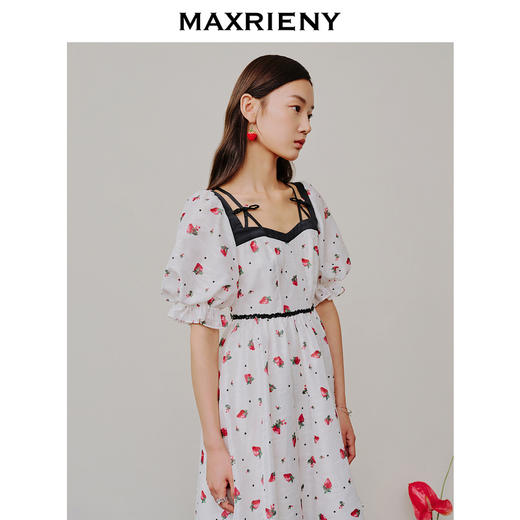 MAXRIENY甜美一字肩吊带连衣裙草莓印花泡泡袖裙子(货号:MC88DR251) 商品图2