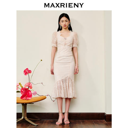 MAXRIENY法式浪漫复古感连衣裙蕾丝泡泡袖茶歇裙(货号:MS88DR293) 商品图1