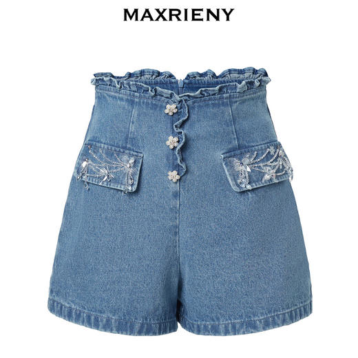 MAXRIENY荷叶边阔腿修身牛仔短裤女-商场同款(货号:MC88PA302) 商品图4