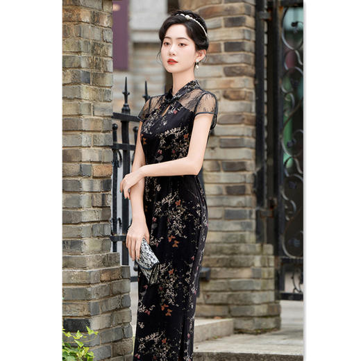 中国风黑色蕾丝丝绒，拼接长款旗袍GX-262674 商品图3