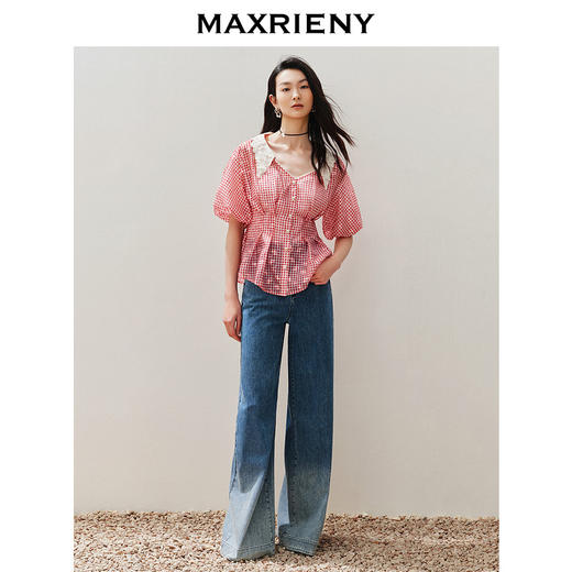 【静奢度假-商场同款】MAXRIENY宫廷文艺风翻领撞色格纹收腰上衣(货号:MC85TP306) 商品图1