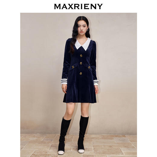 MAXRIENY复古海军风丝绒鱼尾裙法式优雅复古连衣裙(货号:MS88DR559) 商品图1