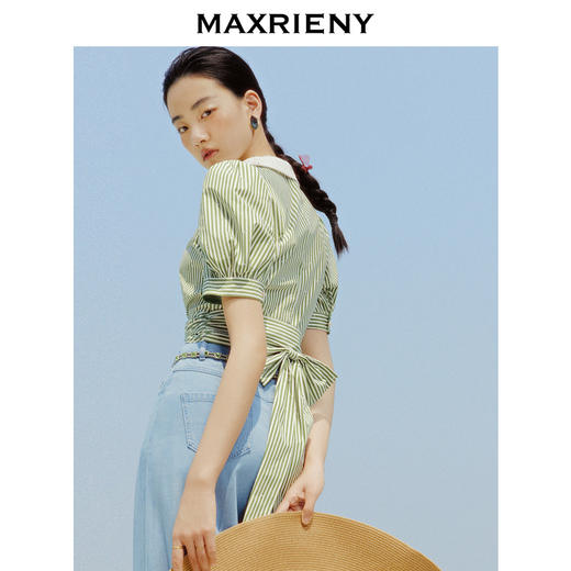 MAXRIENY赫本海军风衬衣23泡泡袖收腰条纹上衣(货号:MC88TP253) 商品图3